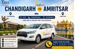 Taxi from Chandigarh to Amritsar by Punjabi Cab featuring one way taxi service, round trip cab, clean AC Innova, experienced chauffeur, affordable fares, and safe outstation travel.